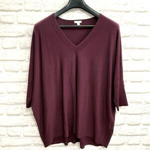 J Jill PURE JILL Sweater Tunic Sz XS Burgundy V-Neck Oversized Top 3/4 Sleeves